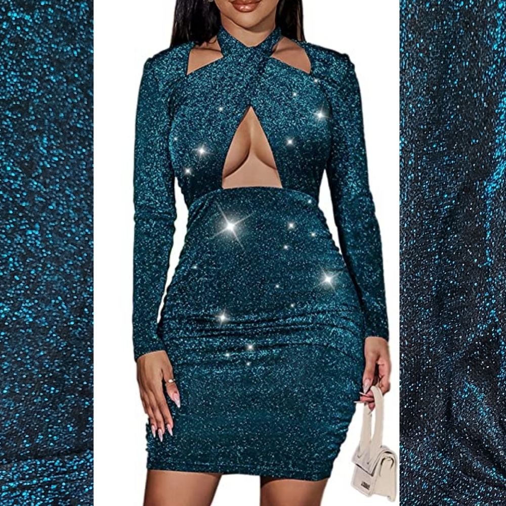 NEW Turquoise Sexy Sequin Glitter Ruched Long Sleeve Dress Dress